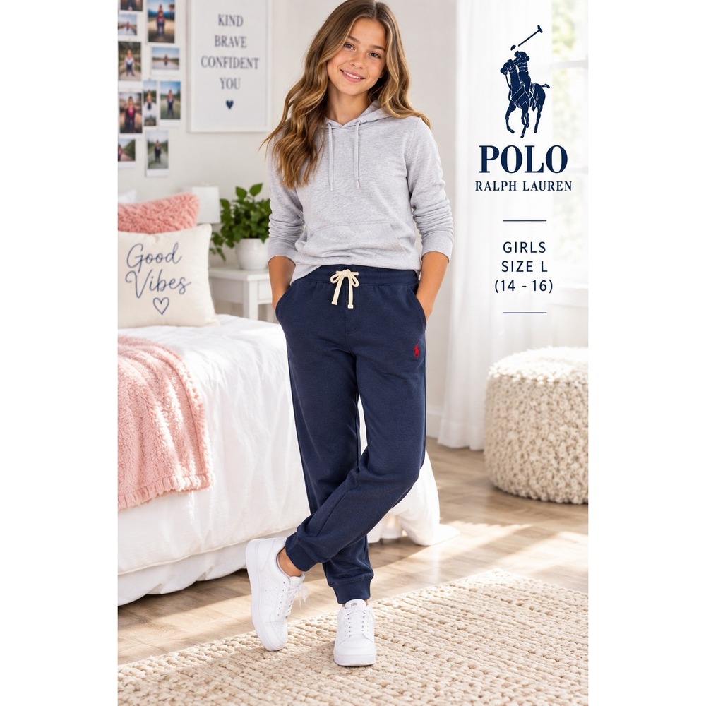 Polo Ralph Lauren Girls L 14-16 Navy Fleece Jogger Sweatpants Pony Logo